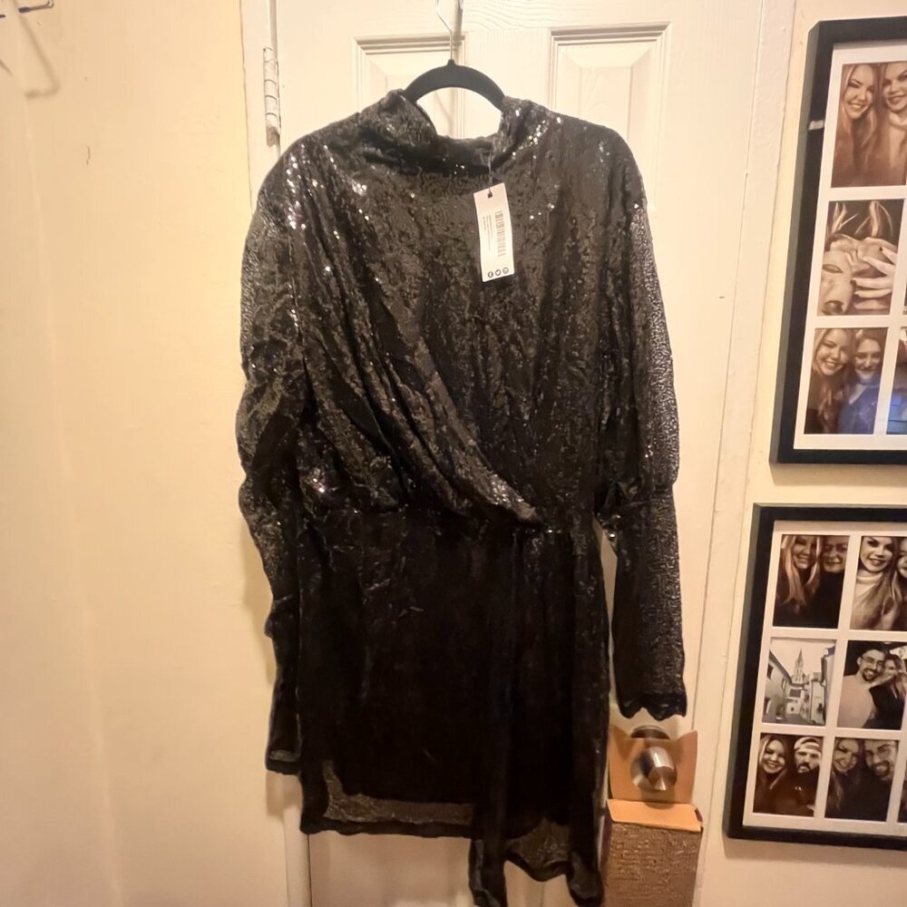 Sequin High Neck Black Drape Dress - NWT Size 20